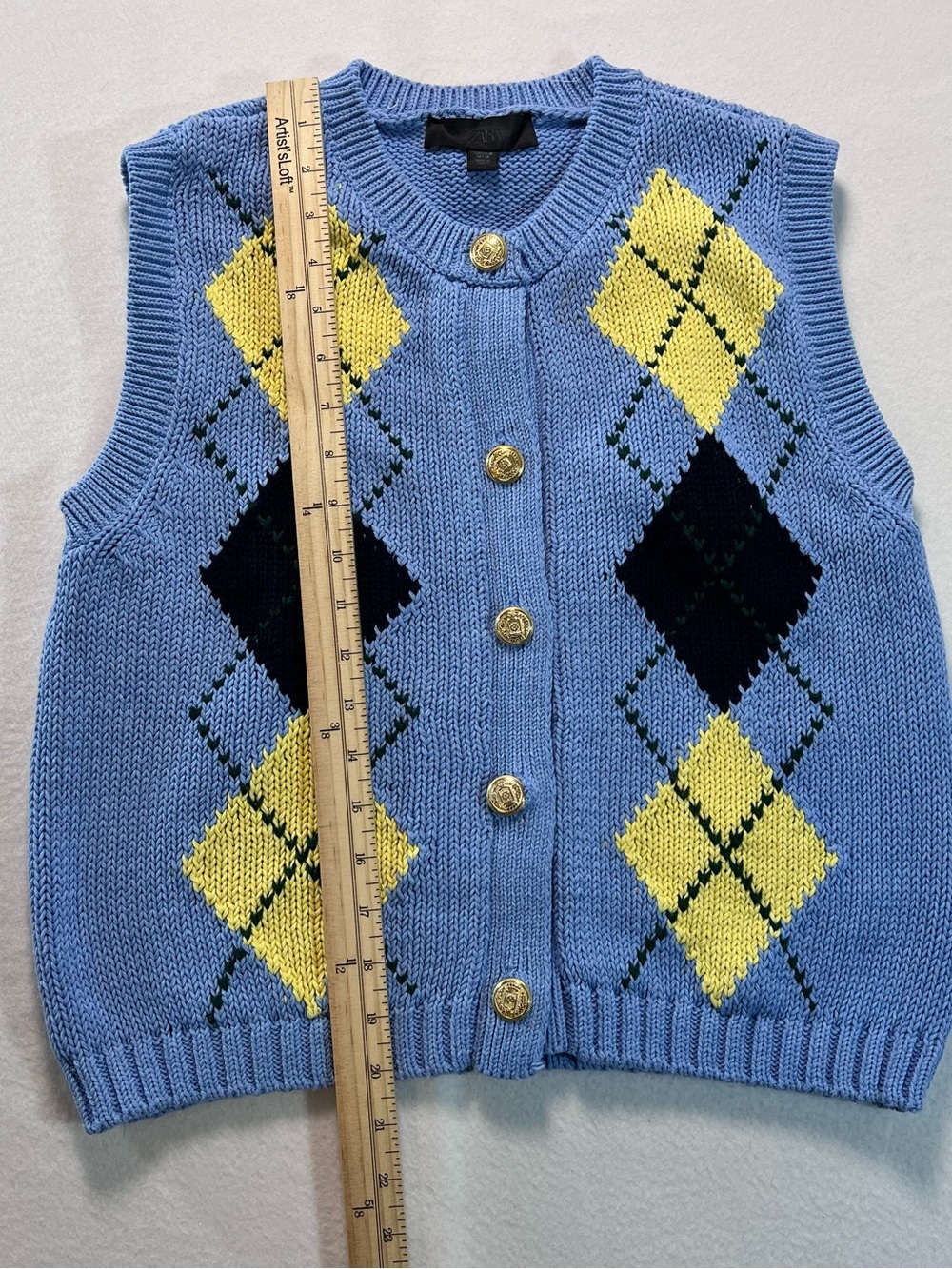 Zara Light Blue and Yellow Argyle Knit Vest with Gold Buttons - Picture 4 of 7